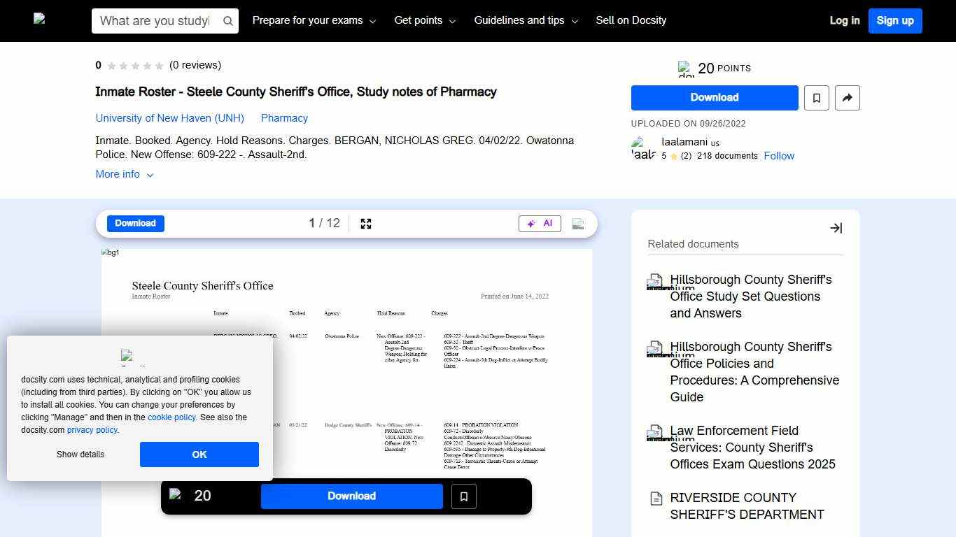 Inmate Roster - Steele County Sheriff's Office Study notes Pharmacy Docsity